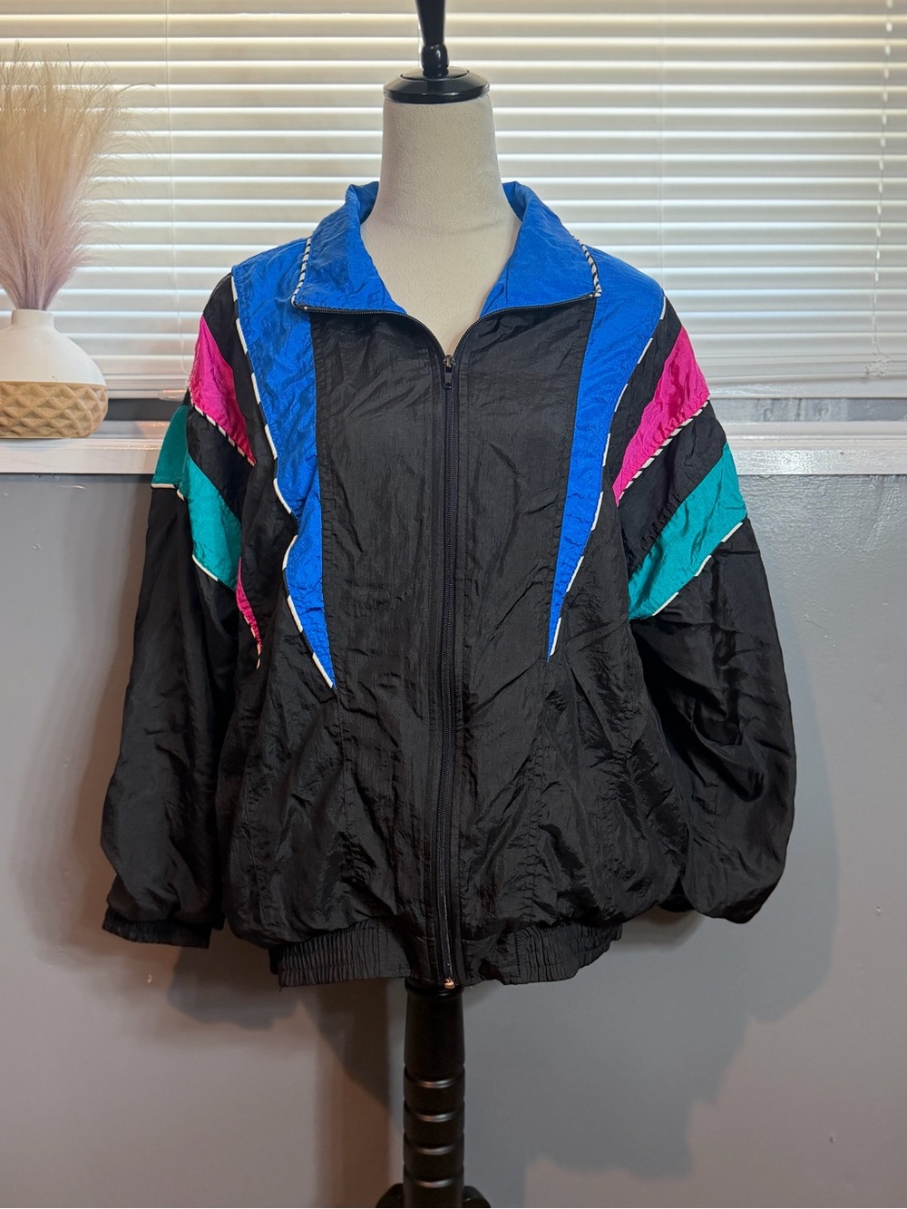 Black Bomber Jacket with Blue, Teal & Pink Panels - Picture 5 of 8